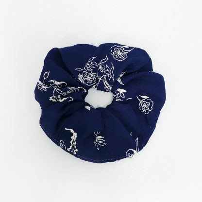 Navy Blue with White Flowers Scrunchie